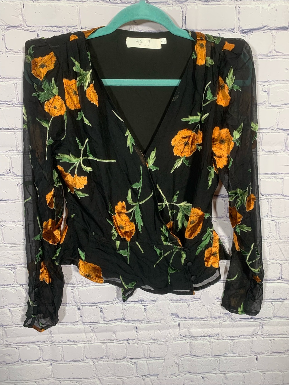 ASTR Womens Floral V-Neck Wrap Top Black Orange Floral S Whimsigoth Fariy Grunge - Picture 1 of 9